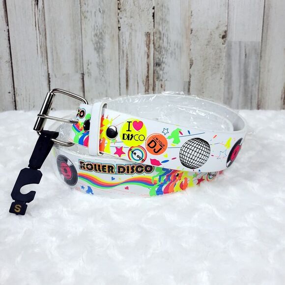 Roller Disco Leather Belt White Size Small - Picture 1 of 8